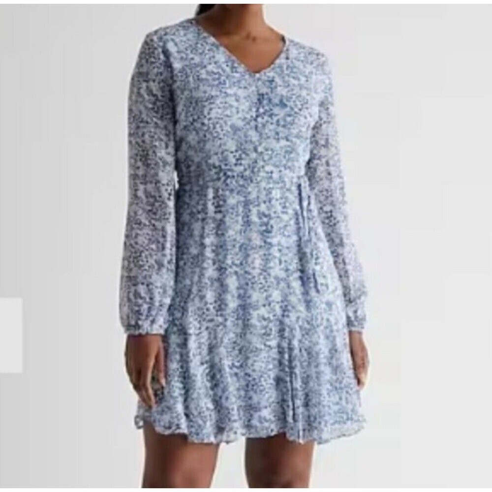 Express Women’s xL Floral Dress Short Tie Waist Blue Chiffon Long Sleeve Girly